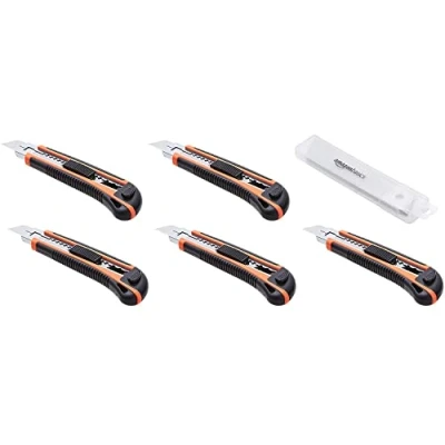 Image of Amazon Basics Heavy Duty Retractable Ergonomic Handle Utility Knife, Multi Position Locking Blade with 10 Replaceable Sharp Blades in Container, Pack of 5, Silver