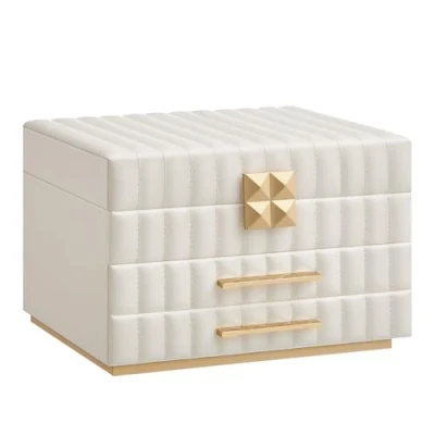 Image of SONGMICS HOME ANAH Collection 3 Tier Jewellery Box with Mirror, Organiser 2 Drawers, PU Surface Stitching, Floating Effect, 21.5 x 24 15.8 cm, Gift Idea, Cloud White JBC183W01
