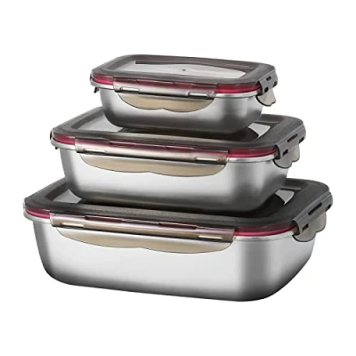 Image of FAB4HOME Leak proof Stainless Steel Food Storage Container Set of 3 Meal Prep with Lids Metal Fresh for Freezer Oven Dishwasher Safe, 600ml/ 1500ml/ 2900ml Stackable