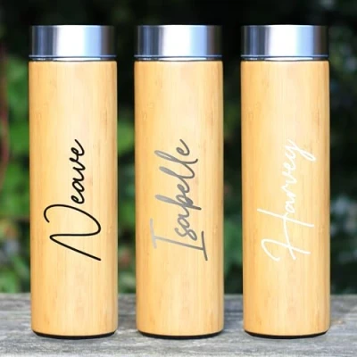 Image of eBuyGB Personalised 500ml Eco Friendly Wooden Stainless Steel Travel Flask, Drinks Bottle with Any Name, Tea Coffee Flask Cup