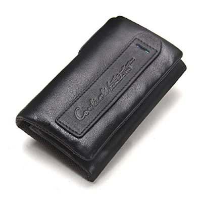 Image of Contacts Womens Genuine Leather Card Key Holder Zipper Coin Clutch Purse Wallet (Black)(Size: one size)