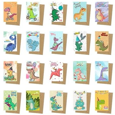 Image of 20 Dino Birthday Cards,Dinosaur Cards for Kids,Birthday Greeting Card,Birthday Set,Happy with Envelopes,Unique Large Cards,Boys Him