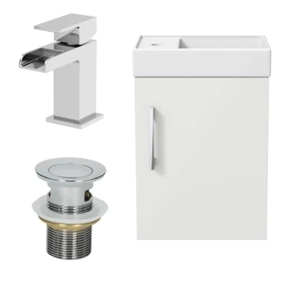 Image of AURORA Modern Cloakroom Bathroom Vanity Unit Basin Wall Hung 400mm Sink Gloss White Waterfall Mixer Tap Free Slotted Waste