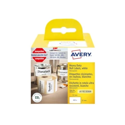 Image of AVERY Zweckform A1933084 Dymo LabelWriter Weatherproof Labels Compatible with 1933084 (57 x 32 mm, 1 Roll, 400 Plastic Stickers, Self Adhesive, for LW Label Printer, Labelling Device)
