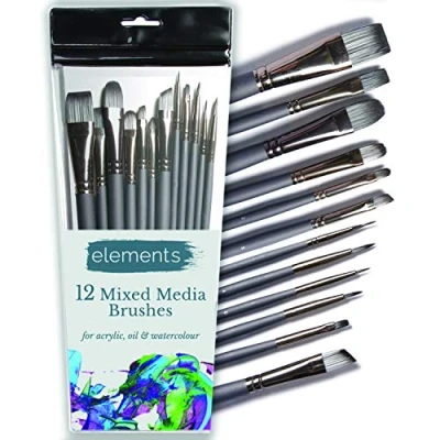 Image of Elements Mixed Media Fine Detail Paint Brush Set (12 Piece Set) Brushes for Acrylic, Oil, Watercolour, Model, Craft, Miniatures, Painting Paintbrushes