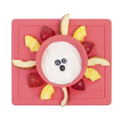 Image of ezpz Happy Bowl (Coral) 100% Silicone Suction with Built in Placemat for Toddlers + Preschoolers Dishwasher Safe