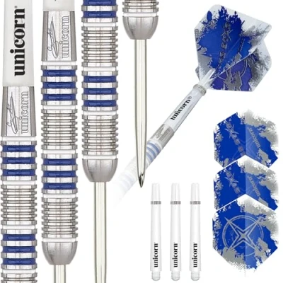 Image of Unicorn Steel Tip Darts Set Gary &#039;The Flying Scotsman&#039; Anderson Silver Star 80% Natural Tungsten Barrels with Blue Accents 23g