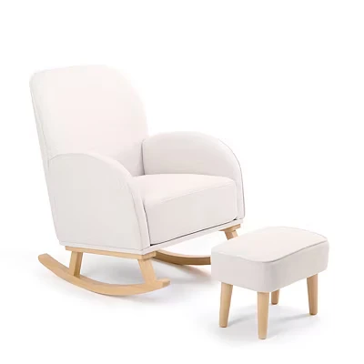 Image of Babymore Freya Nursing Chair &amp; Footstool Cream Elegant Rocking for Timeless Comfort With Sturdy Wooden Legs, Soft Fabric Stylish Armrests, Contoured Backrest Enhances Support Safety Tested