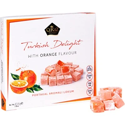 Image of Cerez Pazari Turkish Delight with Orange Flavor 454g Gourmet Medium Size Snacks Gift Box, No Nuts Sweet Luxury Traditional Confectionery Vegan Soft Candy Dessert Glucose Free Lokum
