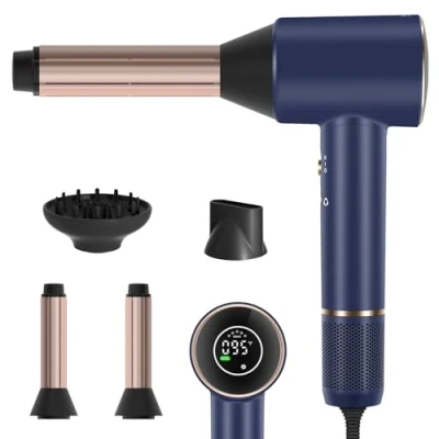 Image of PARWIN PRO BEAUTY Air Sonic Hair Dryer with Diffuser, HD LED Display &amp; 110, 000 RPM High Speed Ionic Blow Dryer, 32mm Left Right Auto Wrap Curlers, Prussian Blue Professional Version