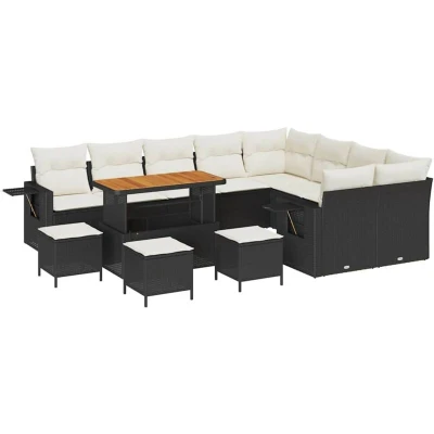 Image of vidaXL 13 Piece Garden Sofa Set with Cushions Black Poly Rattan Acacia