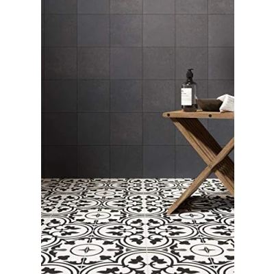 Image of Reverie Patterned Floor &amp; Wall Porcelain Tile, Black, 200mm x Kitchen or Bathroom splashback