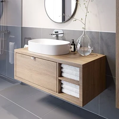 Image of Vitusso® 1100mm Bathroom Vanity Unit Countertop Basin Sink Wall Hung Drawer with Shelves Storage Oak Wood, Lorient White RH