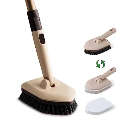 Image of Eyliden Shower Cleaning Brush with Long Handle, Triangular Rotatable Floor Scrubbing 2 Scouring Pads &amp; 1 Stiff Bristle, No Scratch Versatile Bathroom for Tile Tub Wall