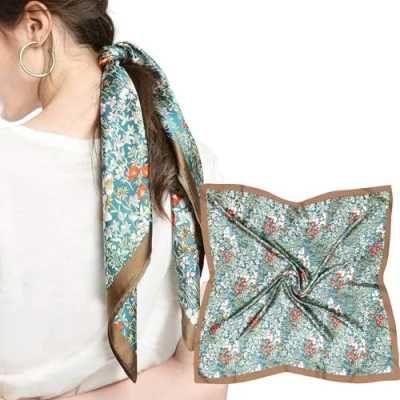 Image of MEANBEAUTY 27.5&quot; Square Silk Like Head Scarf for Women Satin Bandana Scarves Neck Scarfs Hair Wrapping at Night(Coffee Floral)