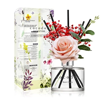 Image of Cocod&#039;or [COCODOR/Black Cherry Reed diffuser oil 200ml with Rose, Eucalyptus and Preserved Flower sticks. Best for Home, Kitchen, Bathroom. Diffusers Sticks