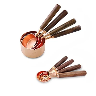 Image of Alnicov Set of 8 Piece Measuring Cups and Spoons,Stainless Steel Rose Golden Spoons with Walnut Handle for Kitchen Dry Liquid Ingredients