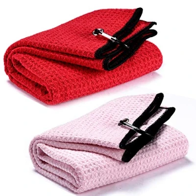 Image of Yizerel 2 Pack 16&quot; x 24&quot; Tri fold Golf Towel Set, Microfiber Fabric Waffle Pattern Towels, Heavy Duty Carabiner Clip (2 Pcs, Colors)