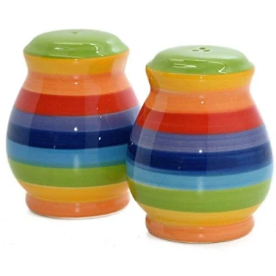 Image of Windhorse Rainbow Striped Ceramic Salt &amp; Pepper Cruet Shaker Set 7cm Hand Painted