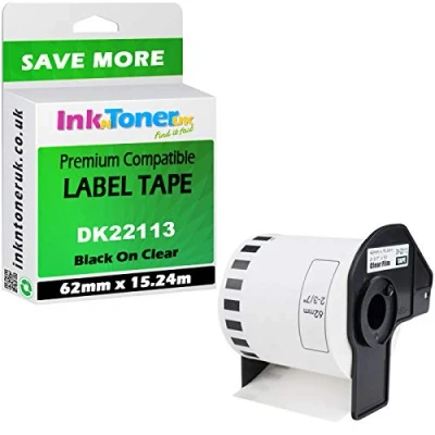 Image of Compatible DK 22113 Black On Clear 62mm x 15.24m Continuous Film Tape (DK22113)