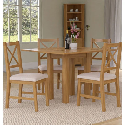 Image of Hallowood Furniture Waverly Oak Dining Tables and Chairs Set of 4, Light Small Folding Table Cross Back Chair in Beige Fabric Seat, Extendable for Home Cafe