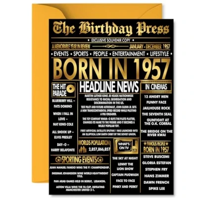 Image of Gold 68th Birthday Card for Men Women Black &amp; Golden Newspaper Born in 1957 Happy 68 Cards Brother Sister Auntie Grandma Wife Nanny, A5 Bday Greeting