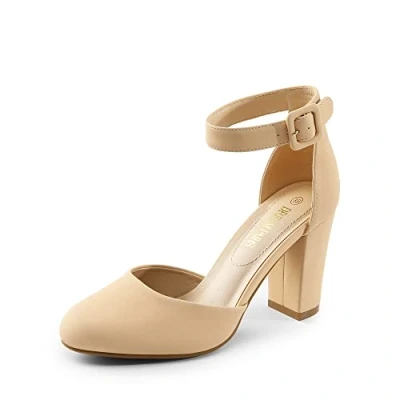 Image of DREAM PAIRS Womens High Heels Closed Toe Court Shoes Block Ankle Strap Ladies Sandals for Wedding,Size 9,Nude/Nubuck,Angela