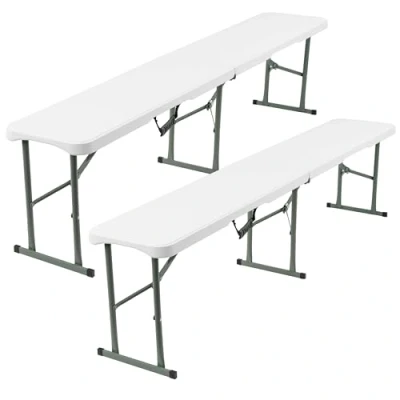 Image of Crystals Set of 2 6FT Folding Benches Durable White Garden for Indoor/Outdoor Use, Suitable Dining, Picnics, BBQs, Camping, and Versatile Seating in Gardens, Patios, or Events