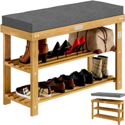 Image of CASARIA® Wooden Shoe Bench FSC® Certified Acacia Wood with Removable 5cm Padding Stylish Rack Storage Seat and Cabinet in One 90cm