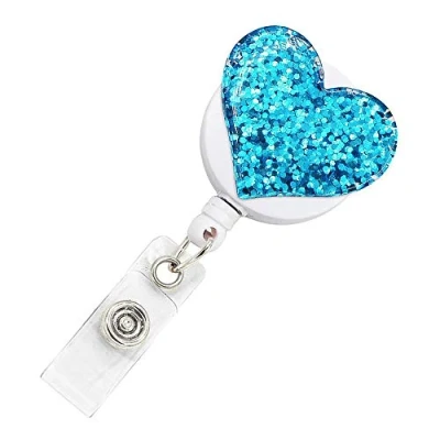 Image of Heart Type Glittery Badge Reel Retractable ID Card Holder with Belt Clip Door Pass for Keys Cards (Blue)