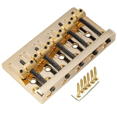 Image of Musiclily Pro 17mm Dual Load Heavy Duty 5 String Bass Bridge with Brass Saddle Steel Plate, Gold
