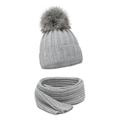 Image of ELIMELI Women&#039;s Winter Warm Knitted Wool Hat with Cashmere Faux Fur Bobble Slouch Beanie for Made in EU, Grey set scarf, One Size Fits All