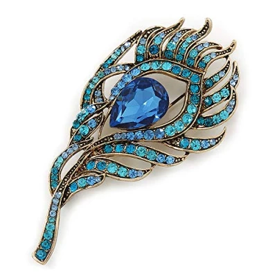 Image of Avalaya Vintage Blue/Teal Diamante &#039;Peacock Feather&#039; Brooch in Burn Gold 8cm Length