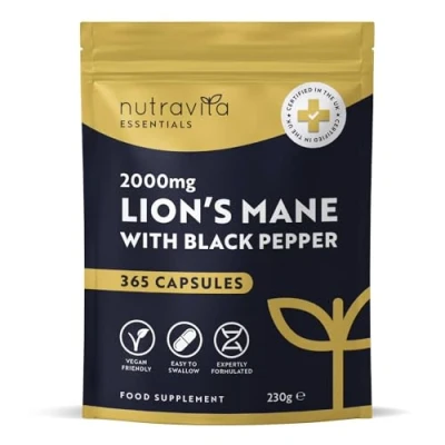 Image of Lions Mane Mushroom 2000mg 365 High Strength Capsules Alternative to Powder 1 Year Supply Extract Supplement with Black Pepper 100% Vegan Nutravita