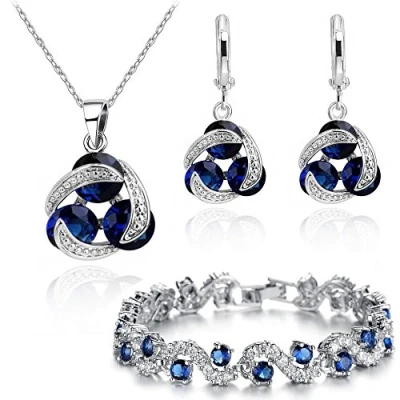 Image of Crystalline Azuria Women 18ct White Gold Plated Blue Simulated Sapphire Zirconia Crystals Jewellery Set Pendant Necklace 17.7 inches Earrings Bracelet