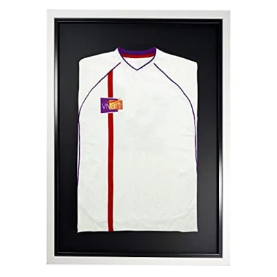 Image of Vivarti DIY Adult Standard Sports Shirt Display Frame for Football Shirt, Rugby Band T Shadow Box 60 x 80cm White Frame, Black Inner Backing Card
