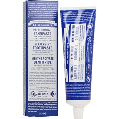 Image of Dr Bronner&#039;s All One Peppermint Toothpaste, Made with Organic, Fluoride Free Ingredients No Artifical Colours, Flavours, Preservatives or Sweeteners, Vegan Friendly, 105ml Tube