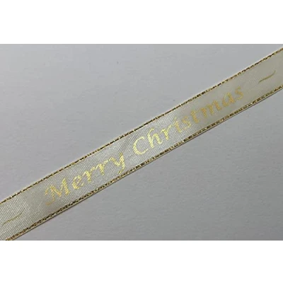 Image of Merry Christmas Cream Satin Ribbon with Gold Edge 15mm x 1 Metre Cut from roll