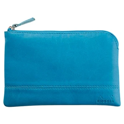 Image of RHODIA 116536C Faux Leather Zipped Pouch Turquoise Size S (11x17 cm) Real Stitching Orange Fabric Interior Storage for Documents, Small Supplies