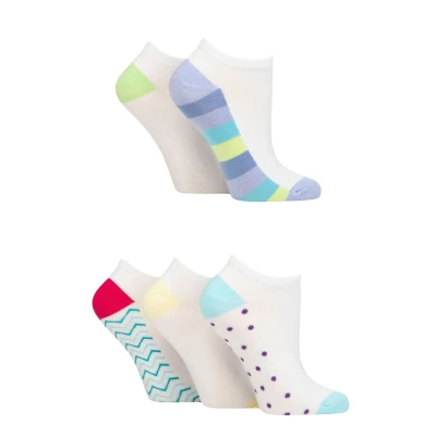 Image of Women&#039;s 5 Pair SOCKSHOP Wildfeet Patterned Bamboo Trainer Socks Soles White 4 8