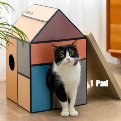 Image of Conlun Cardboard Cat House with Scratcher Pad&amp;Catnip,Easy to Assemble Scratch for Various Home Decor,Cat Scratching Board Toy Indoor Cats&amp;Small Animals Birthdayday
