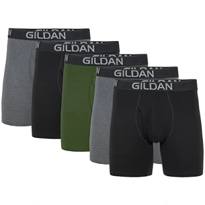 Image of Gildan Men&#039;s Cotton Stretch Boxer Brief, Multipack, Heather Dark Grey/Black Soot/Green Midnight (5 Pack, Regular Leg), XXL (Pack of 5)