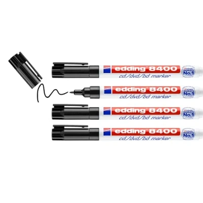 Image of edding 8400 CD/DVD/BD marker black 4 pens fine round nib 0.5 1 mm for permanent labelling of CDs, DVDs and Blu Ray Discs