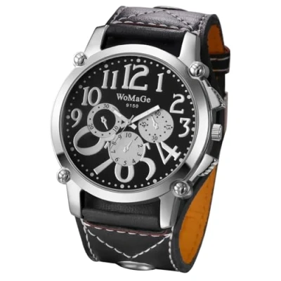 Image of JewelryWe Men&#039;s Steampunk Leather Watch: Easy to Read Large Big Dial Black Wide Strap Analog Quartz Three Eye Decorative Biker Cuff Wrist Watch