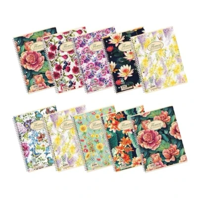 Image of Pigna Nature Flowers, 02182571R, Spiral Notebook A4, Striped Notebooks 1R, Pack of 5 Pcs.