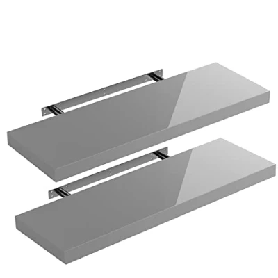 Image of CASARIA Set of 2 Floating Shelves w/Brackets 50 110cm 15kg Capacity Hidden Wall Fixing Kitchen Office Lounge Hallway Modern Decorative High Gloss Hanging Shelving Grey 70cm