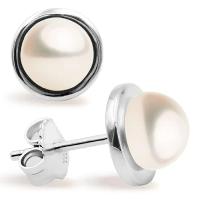 Image of Women Pearl Stud Earrings, Fresh Water Cultured Pearls Button Shape 6 7 mm with a Silver Circle Mount by Secret &amp; You Sterling 925 Mounts big nuts.