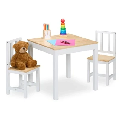 Image of Relaxdays Kids Table &amp; 2 Chairs Set, 3 Piece, Children&#039;s Room Seating, Playroom Furniture, Boys Girls, White/Natural, Wood, Fibreboard, 51.5 x 57 cm