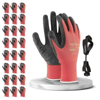 Image of 24 pairs of Ogrifox work gloves and a FUZZIO® clip glove holder (L 9, Red)