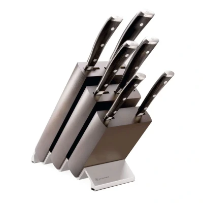 Image of Wusthof 1090570602 Ikon Knife Block with 6 Pieces Ash Aluminium Support